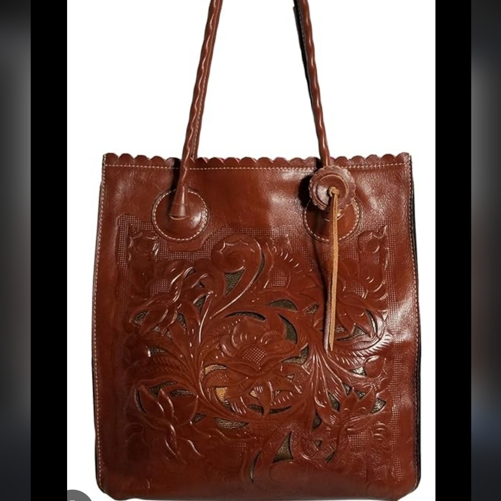 PATRICIA NASH Florence Brown Tooled Leather Metallic Cutout Tote Shoulder Bag